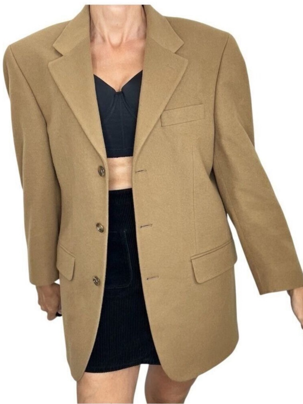 Vintage Canadian made camel tan wool cashmere oversized boyfriend blazer jacket